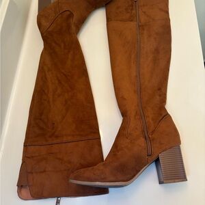 Brown faux suede heeled boots